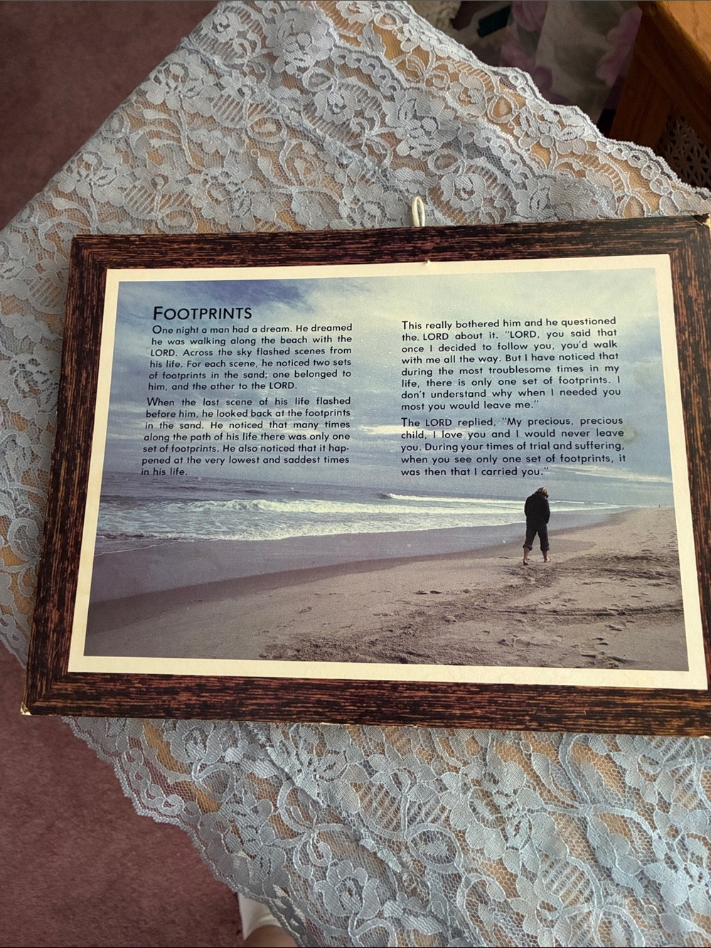 Framed 'Footprints' Beach Poem Wall Art in Brown Frame